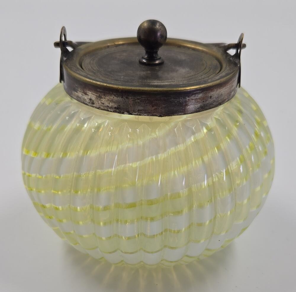 Antique Victorian art glass opalescent biscuit jar with handle